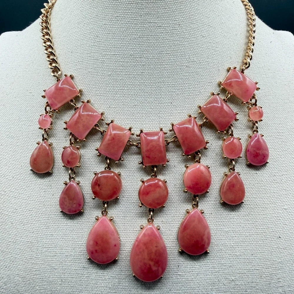 Pink Cabochon Statement Necklace Gold Tone Teardrop Fringe Bib Boho Romantic